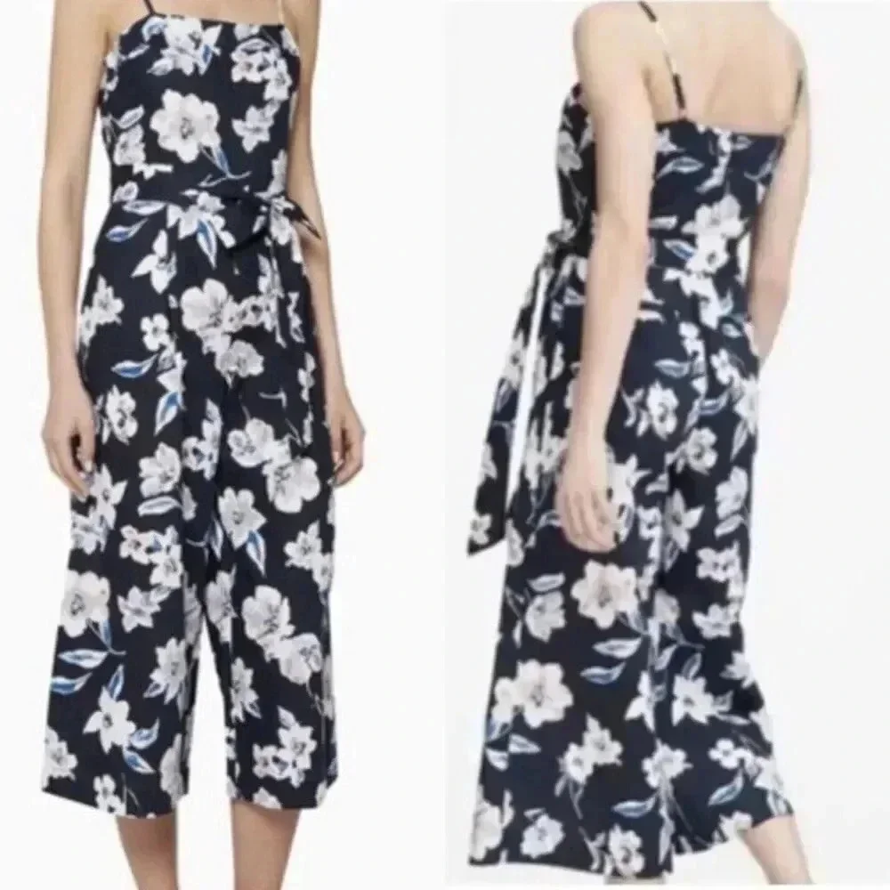 Banana Republic Linen Cotton Floral Wide Leg Jumpsuit Navy Size 6